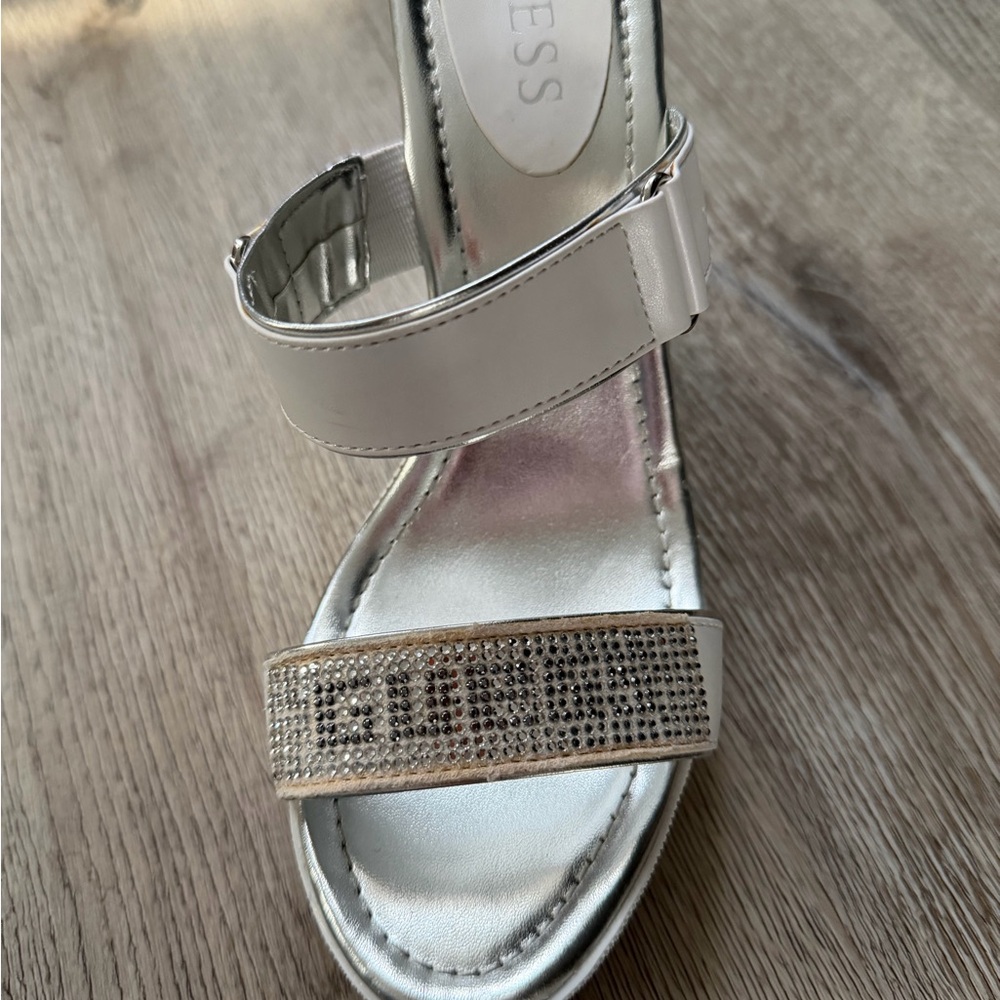 GUESS Silver Metallic Slide Sandals with Rhinestone Strap - Picture 3 of 6